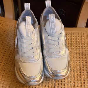 DKNY Metallic Silver and Cream Sneakers